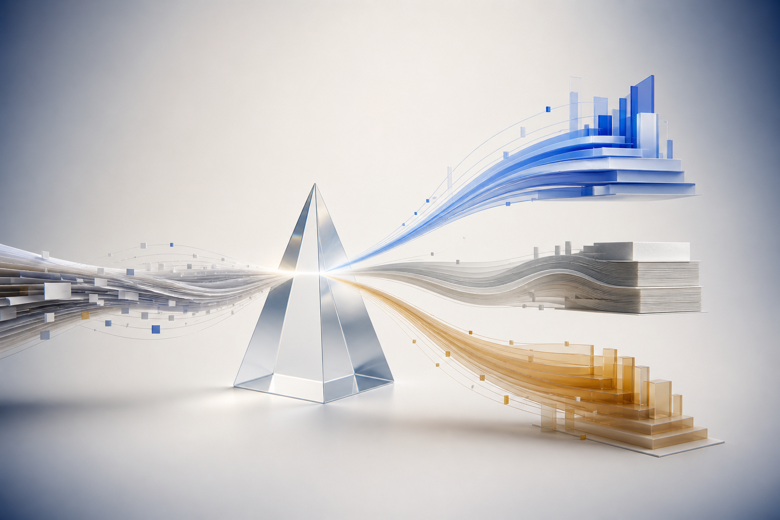 One abstract language stream separated into three balanced analytical outcomes